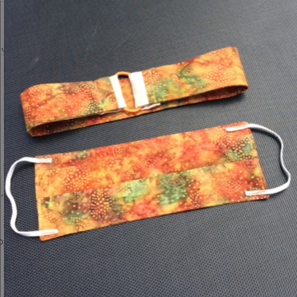 Handmade set bundle: batik burnt orange fabric face mask & matching headband